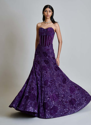 Carmine purple velvet corset and lehenga