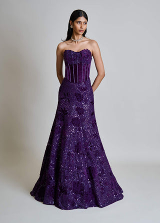 Carmine purple velvet corset and lehenga