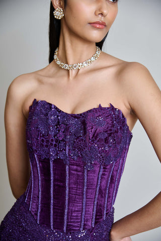 Carmine purple velvet corset and lehenga