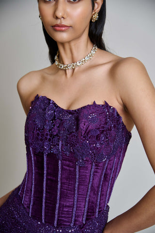 Carmine purple velvet corset and lehenga