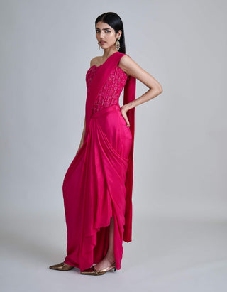 Zin fuchsia pink draped sari and corset