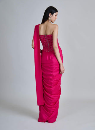 Zin fuchsia pink draped sari and corset