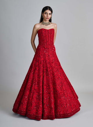 Amara red wildflower lehenga and corset set