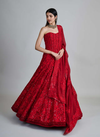 Amara red wildflower lehenga and corset set