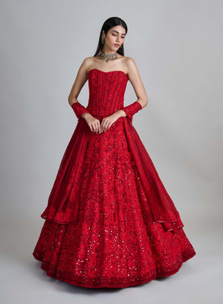 Amara red wildflower lehenga and corset set