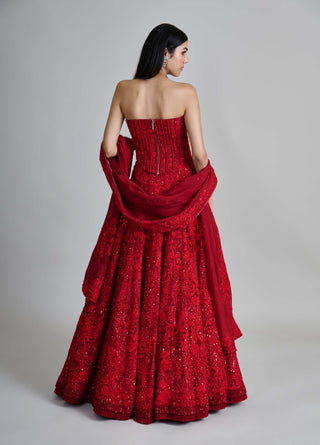 Amara red wildflower lehenga and corset set