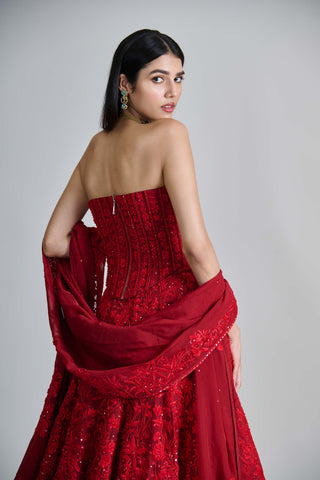 Amara red wildflower lehenga and corset set