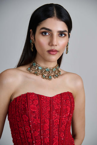 Amara red wildflower lehenga and corset set