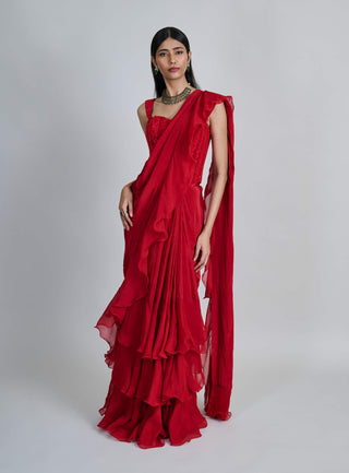 Nica red ruffle sari and corset