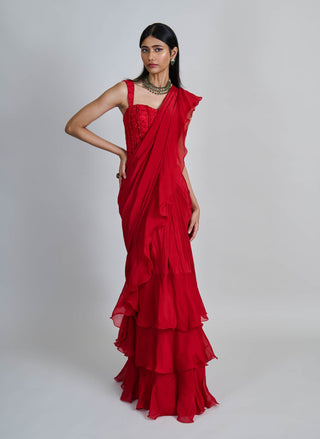 Nica red ruffle sari and corset