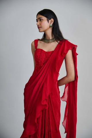 Nica red ruffle sari and corset
