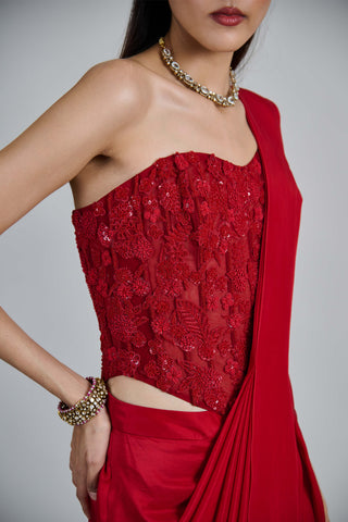 Zin red draped sari and corset