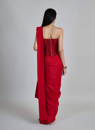 Zin red draped sari and corset