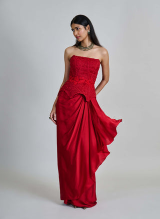 Ciara red peplum corset and draped skirt