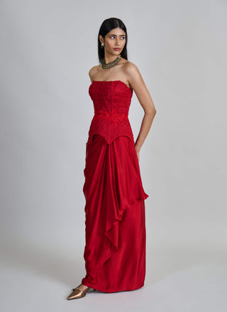 Ciara red peplum corset and draped skirt