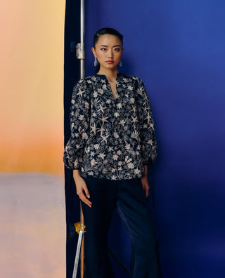 Yuan navy blue top and flared pants