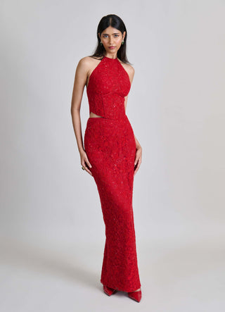 Amira red cocktail slim skirt and halter corset