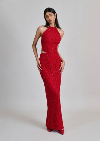 Amira red cocktail slim skirt and halter corset