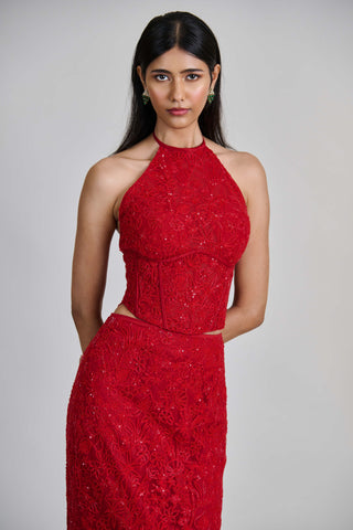 Amira red cocktail slim skirt and halter corset