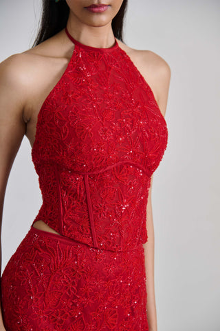 Amira red cocktail slim skirt and halter corset