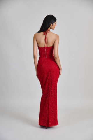 Amira red cocktail slim skirt and halter corset