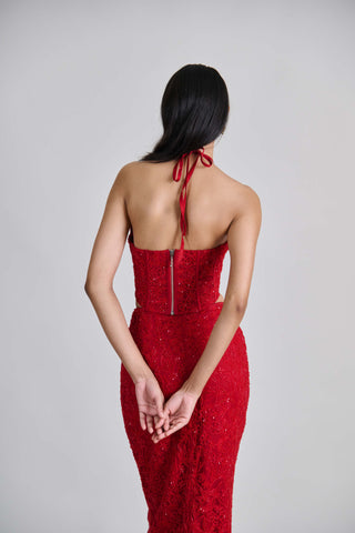 Amira red cocktail slim skirt and halter corset