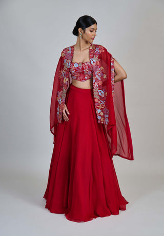 Avi red wildflower pleated cape with bustier and skirt