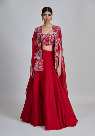Avi red wildflower pleated cape with bustier and skirt