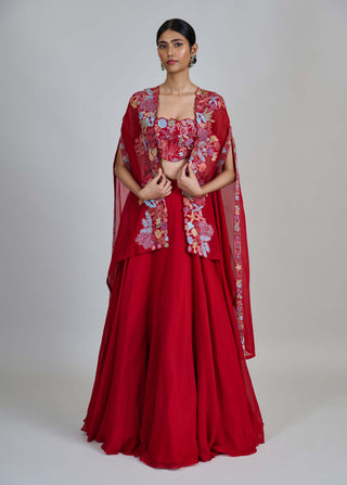 Avi red wildflower pleated cape with bustier and skirt