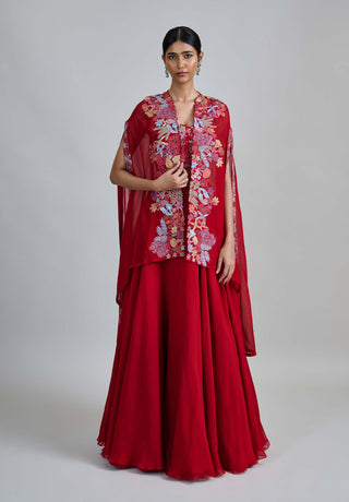 Avi red wildflower pleated cape with bustier and skirt