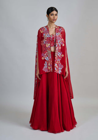 Avi red wildflower pleated cape with bustier and skirt