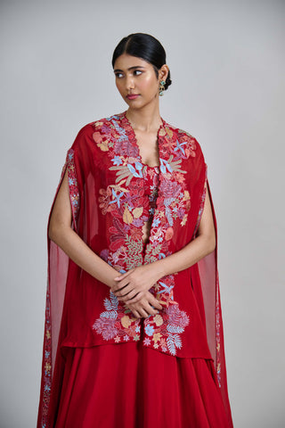 Avi red wildflower pleated cape with bustier and skirt