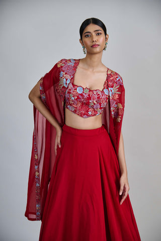 Avi red wildflower pleated cape with bustier and skirt