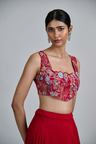 Avi red wildflower pleated cape with bustier and skirt