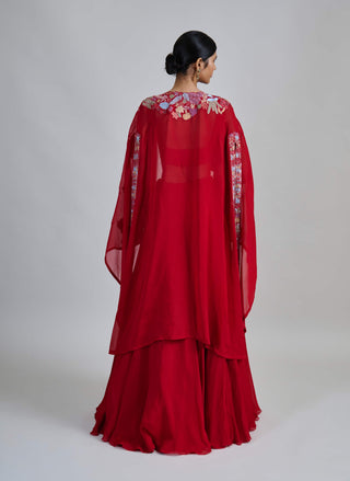 Avi red wildflower pleated cape with bustier and skirt