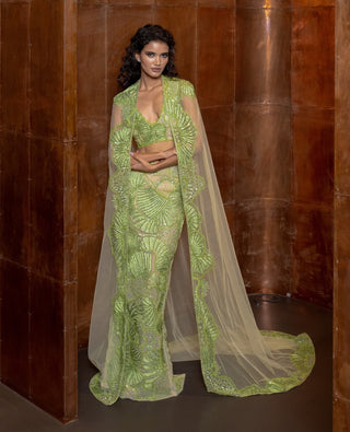 Serin green cape and slim cut skirt set