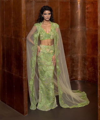 Serin green cape and slim cut skirt set