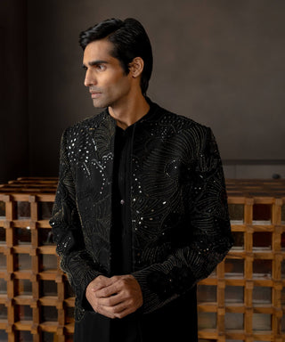 Caspian black embroidered jacket and kurta set
