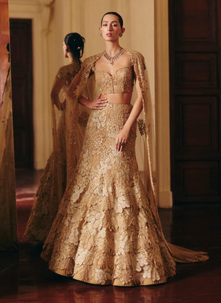 Josie gold lehenga corset and cape set Josie gold lehenga corset and cape set
