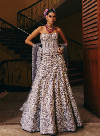 Zyra gun metal corset lehenga set