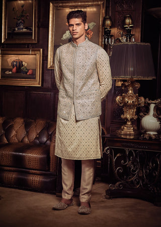 Ivory Holy Roman Bundi And Kurta Set by Matsya Men available on Indiaspopup.com