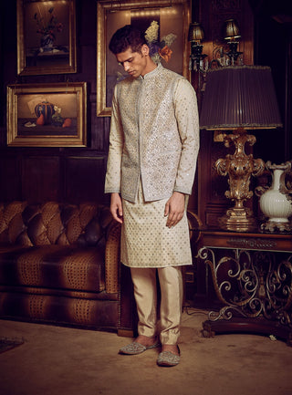 Ivory Holy Roman Bundi And Kurta Set by Matsya Men available on Indiaspopup.com