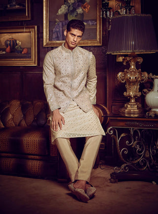 Ivory Holy Roman Bundi And Kurta Set by Matsya Men available on Indiaspopup.com