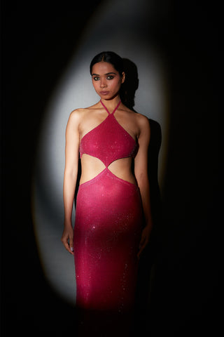 Itrh-Elisha Pink Crystal Halter Gown-INDIASPOPUP.COM