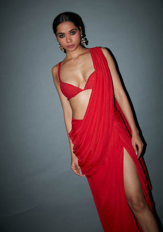 Itrh-Jaimie Red Crystal Draped Sari Skirt Set-INDIASPOPUP.COM