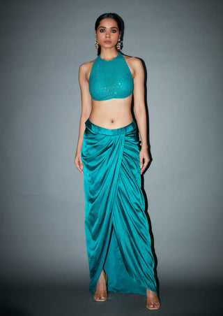 Itrh-Sabrinna Emerald Draped Skirt And Cape Set-INDIASPOPUP.COM