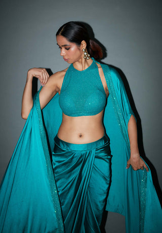 Itrh-Sabrinna Emerald Draped Skirt And Cape Set-INDIASPOPUP.COM