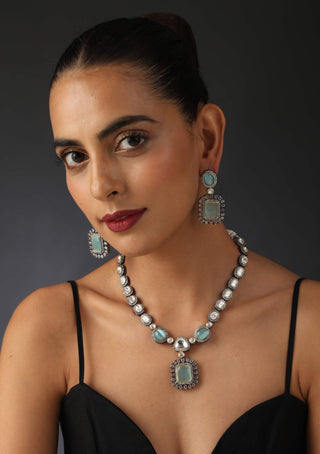 Swabhimann Jewellery-Mint Silver Polki Necklace And Earring Set-INDIASPOPUP.COM
