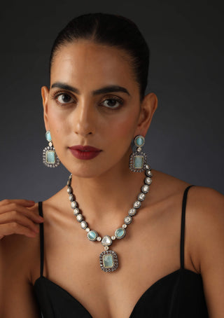 Swabhimann Jewellery-Mint Silver Polki Necklace And Earring Set-INDIASPOPUP.COM