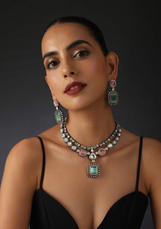 Swabhimann Jewellery-Pink And Mint Silve Necklace And Earring Set-INDIASPOPUP.COM